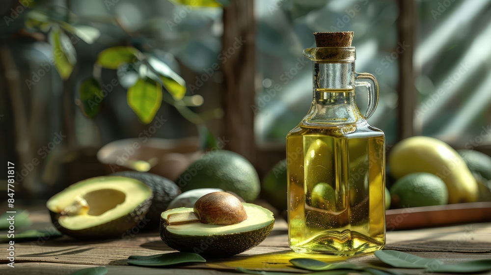 Avocado oil bottle, Fresh avocados, Rustic kitchen decor, Natural light setting, Healthy cooking, Organic lifestyle concept Avocado oil bottle, Fresh avocados, Rustic kitchen decor, Natural light setting, Healthy cooking, Organic lifestyle concept
