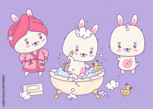 Cute bunnies collection. Funny white rabbits in pink bathrobe and towel, bathing in bubble bath with rubber duck. Isolated cartoon animals kawaii characters. Vector illustration