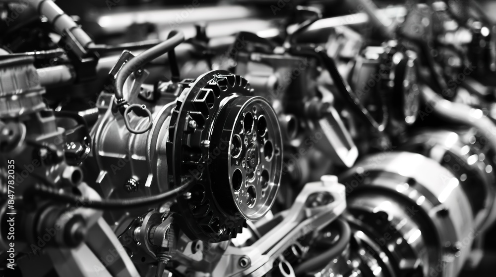 Automotive assembly line, engine parts aligned, sleek, high contrast light. Automotive assembly line, engine parts aligned, sleek, high contrast light.