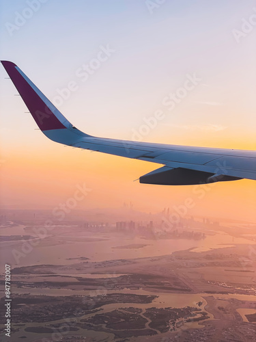 Passengers point of view window panorama of Abu Dhabi skyline and city with rivers and deserted landscape on sunset. Fly with low budget airlines holidays in UAE concept