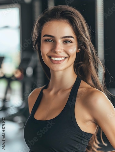 happy attractive sporty fit young woman on blurry gym background, fitness and health concept, sport banner with copy space Free Download happy attractive sporty fit young woman on blurry gym background, fitness and health concept, sport banner with copy space - GFXLoad
