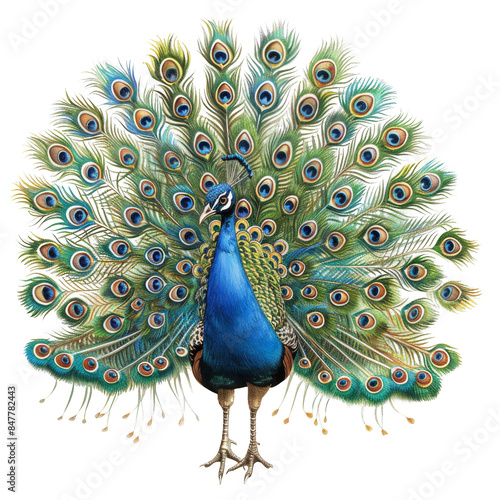 Vivid peacock displaying colorful feathers in full fan, showcasing its gorgeous plumage and intricate patterns.