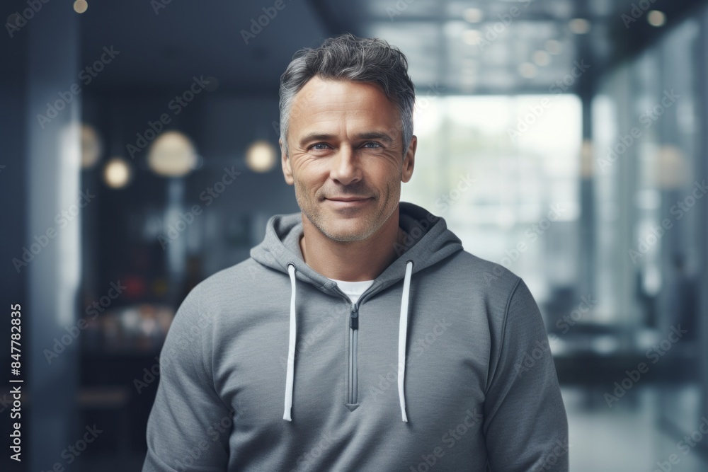 Portrait of a satisfied man in his 40s dressed in a comfy fleece pullover in front of sophisticated corporate office background Portrait of a satisfied man in his 40s dressed in a comfy fleece pullover in front of sophisticated corporate office background