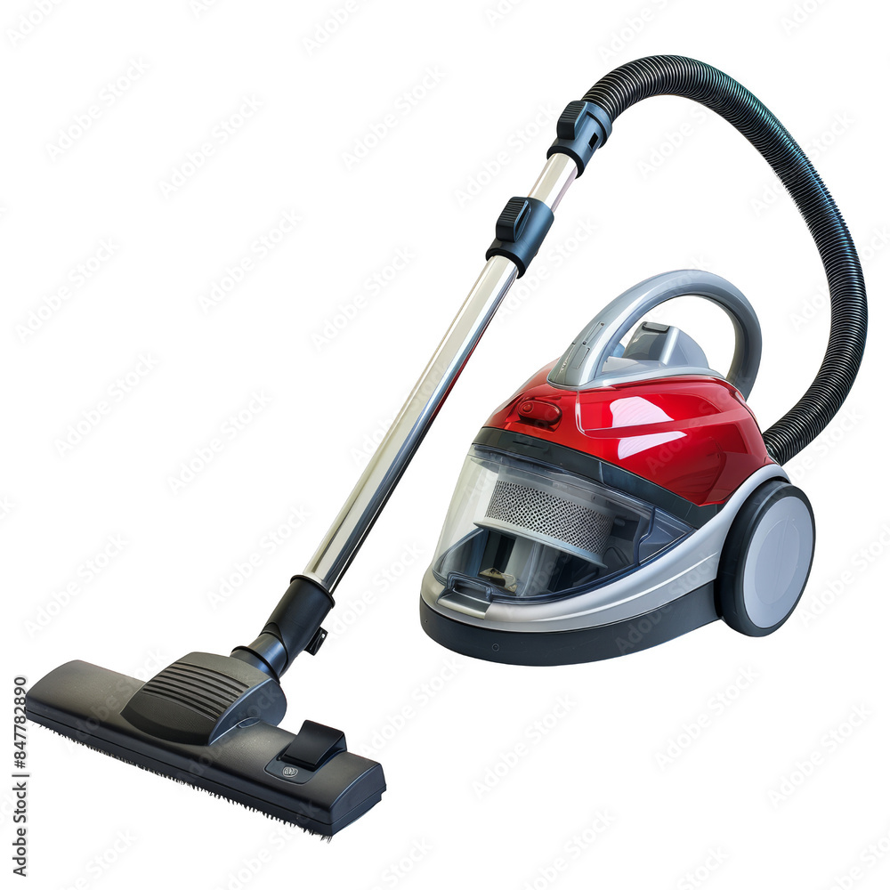 Modern vacuum cleaner with a red and gray design. Ideal for efficient home cleaning. Compact and easy-to-use household appliance. Modern vacuum cleaner with a red and gray design. Ideal for efficient home cleaning. Compact and easy-to-use household appliance.