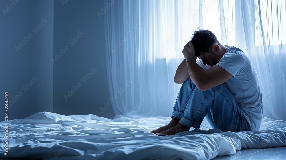 Young man sad and depressed,holding head in hands,suffering from mental health issues.