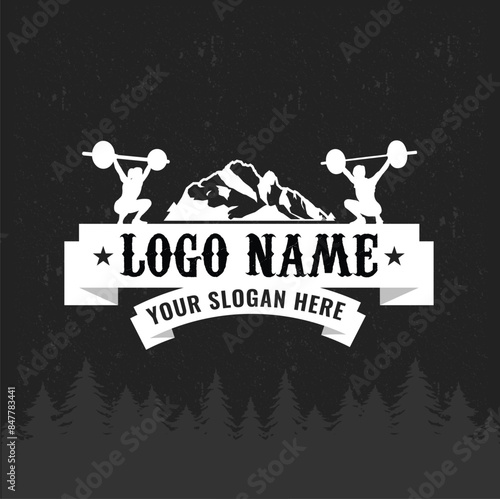 fitness sports vintage logo design in the mountains with weightlifters. Bodybuilders fitness logo on mountain