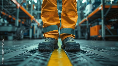 Factory worker wearing safety shoe and working uniform is standing in the factory, ready for working in danger workplace, Safety equipment concept. copy space for text.