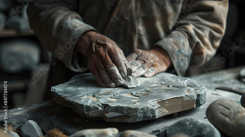 stonecutter working on slate, hands shaping stone, dusty workshop, close-up detail