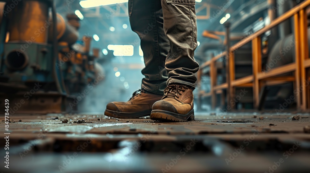 Factory worker wearing safety shoe and working uniform is standing in the factory, ready for working in danger workplace, Safety equipment concept. copy space for text. Factory worker wearing safety shoe and working uniform is standing in the factory, ready for working in danger workplace, Safety equipment concept. copy space for text.