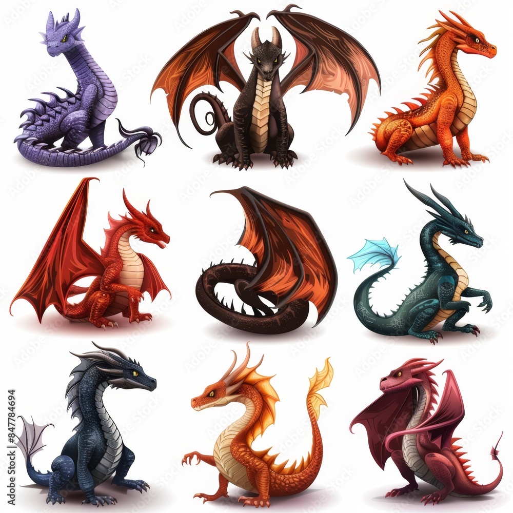 Dragons icon set, dino symbols, 3d realistic dinosaurs isolated, monster animals Dragons icon set, dino symbols, 3d realistic dinosaurs isolated, monster animals