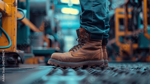 Factory worker wearing safety shoe and working uniform is standing in the factory, ready for working in danger workplace, Safety equipment concept. copy space for text.