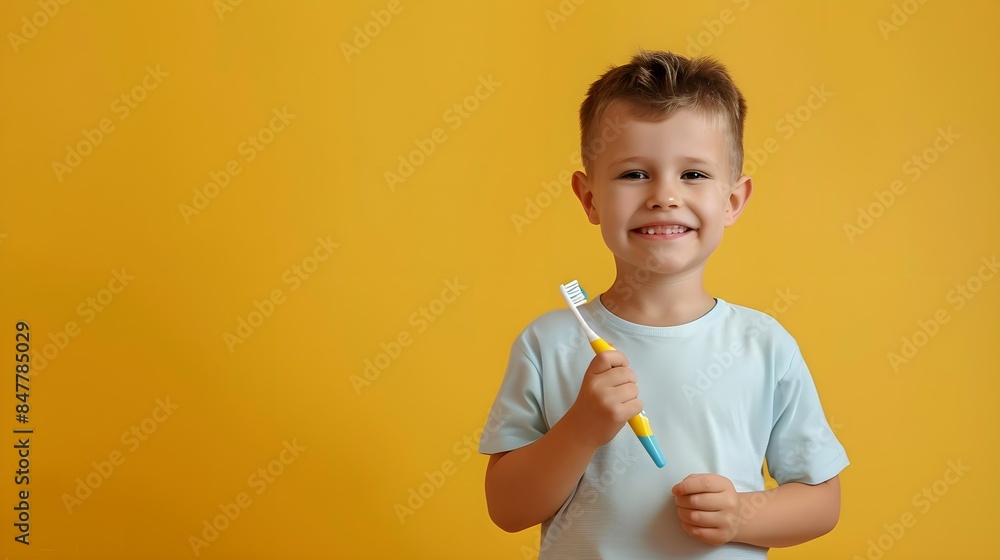 cute little boy kid holding toothbrush on yellow background cute little boy kid holding toothbrush on yellow background