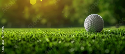 White golf ball lying on green grass against trees and beautiful sunset lights background. Banner. Advertisement of sport events