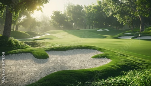 Morning view of golf course with sand bunkers, rolling green fairways, and surrounding trees, illuminated by soft sunlight photo