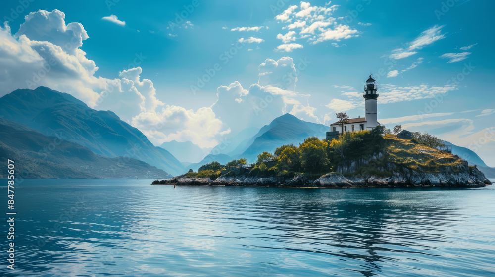 Scenic island with lighthouse surrounded by calm sea and mountains