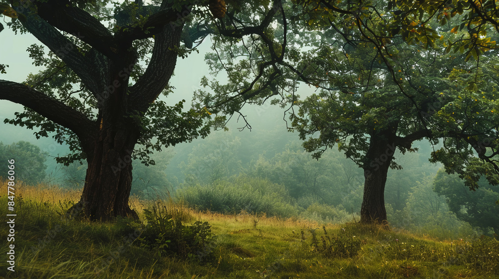 Fototapeta premium Serene oak trees in a misty forest in Sudetes, Poland