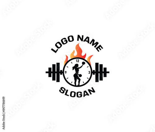 Female fitness logo in clock with fire and barbell