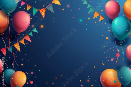 Colorful birthday celebration background with balloons, confetti, and flags