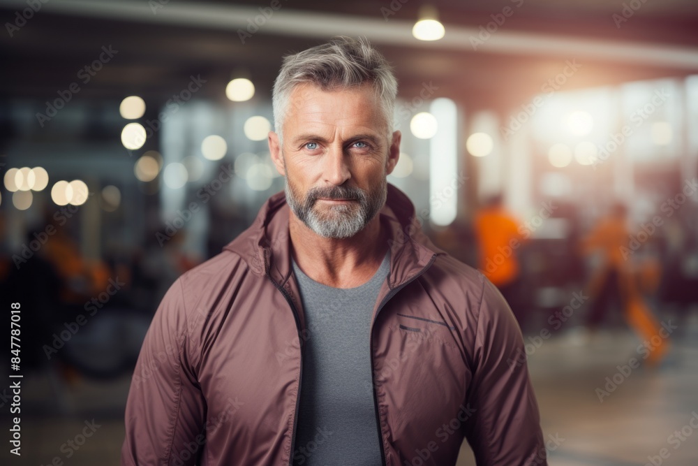 Portrait of a tender man in his 50s wearing a functional windbreaker isolated in dynamic fitness gym background Portrait of a tender man in his 50s wearing a functional windbreaker isolated in dynamic fitness gym background
