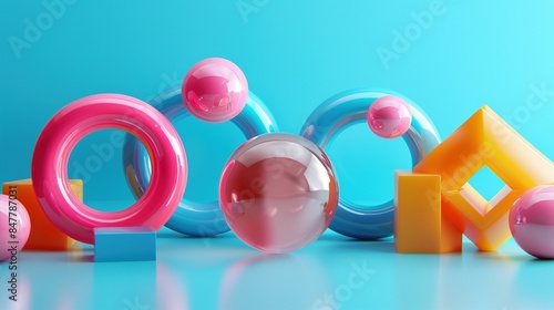 Fototapeta Naklejka Na Ścianę i Meble -  Geometric shapes arranged in playful composition 3d rendering image. Fun shapes on bright blue background wallpaper art colorful realistic. Abstraction concept idea, conceptual photo