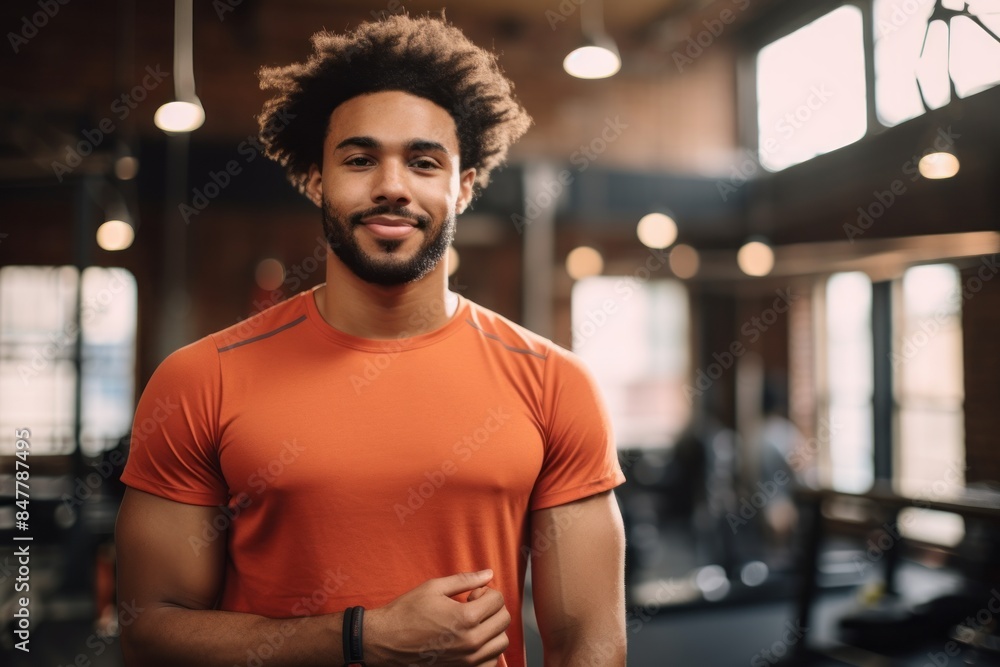 Portrait of a joyful afro-american man in his 20s donning a trendy cropped top isolated in dynamic fitness gym background Portrait of a joyful afro-american man in his 20s donning a trendy cropped top isolated in dynamic fitness gym background