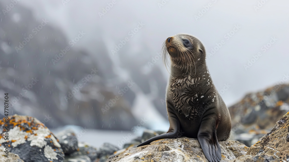 Fototapeta premium Young Antarctic fur seal resting on rocky shore in misty weather