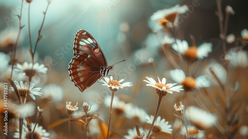 Butterfly with brown wings resting on a white bloom in the field photo