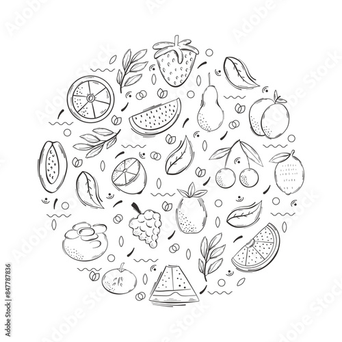 Summer fruit isolated elements. Hand draw. Black vector abstract design for paper  cover  fabric  interior decor and other use