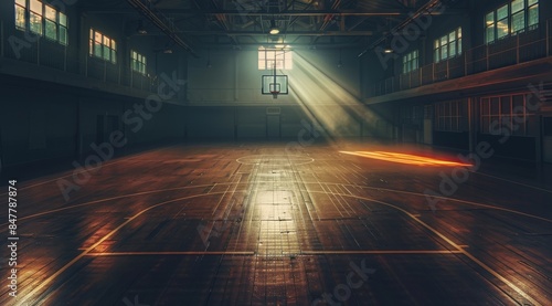 Foggy Night Basketball Court With Lights and Wet Floor