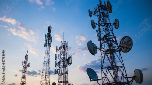 Antenna tower of telecommunication and Phone base station with TV and wireless internet antennas