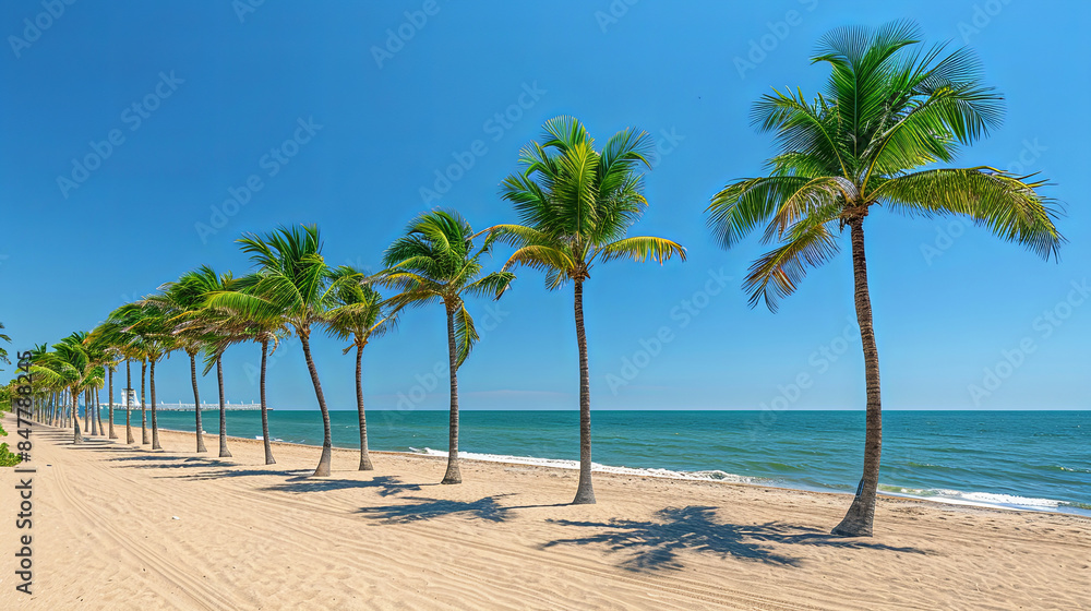 A row of palm trees are lined up on a beach A row of palm trees are lined up on a beach