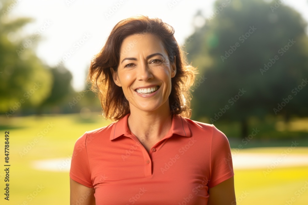 Portrait of a joyful woman in her 40s wearing a breathable golf polo while standing against bright and cheerful park background Portrait of a joyful woman in her 40s wearing a breathable golf polo while standing against bright and cheerful park background