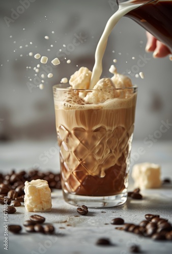 Iced Coffee With Marshmallows and Whipped Cream Being Poured in a Glass