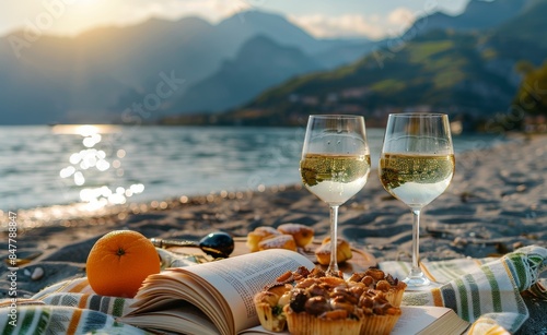 Sunset Beach Picnic With Wine and Pastries at the Lake