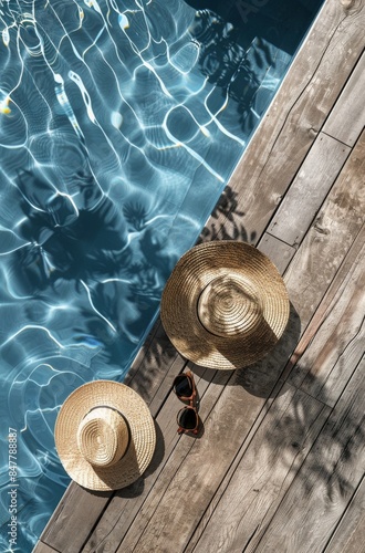 Straw Hat and Sunglasses Beside a Pool on a Sunny Day