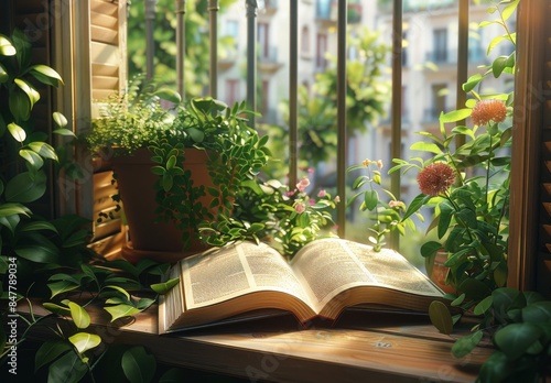 Open Book on a Sunny Balcony With Greenery and City View