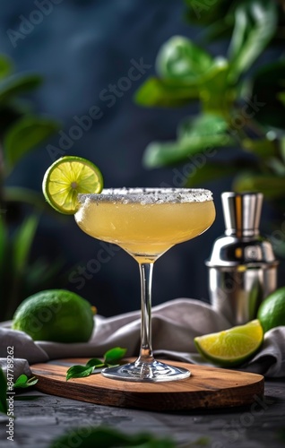 A Classic Margarita Cocktail With Lime Wedge and Salt Rim on a Wooden Board