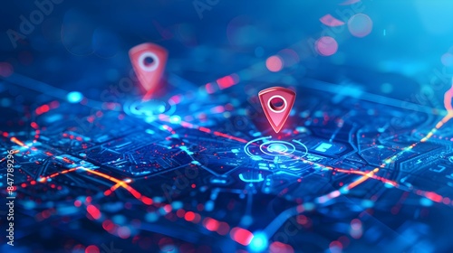 A digital map displaying a location with two pins set, representing AI technology in GPS, innovation in delivery services, and map location for future transport logistics