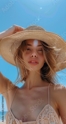 Woman Wearing Straw Hat on Beach in the Summertime