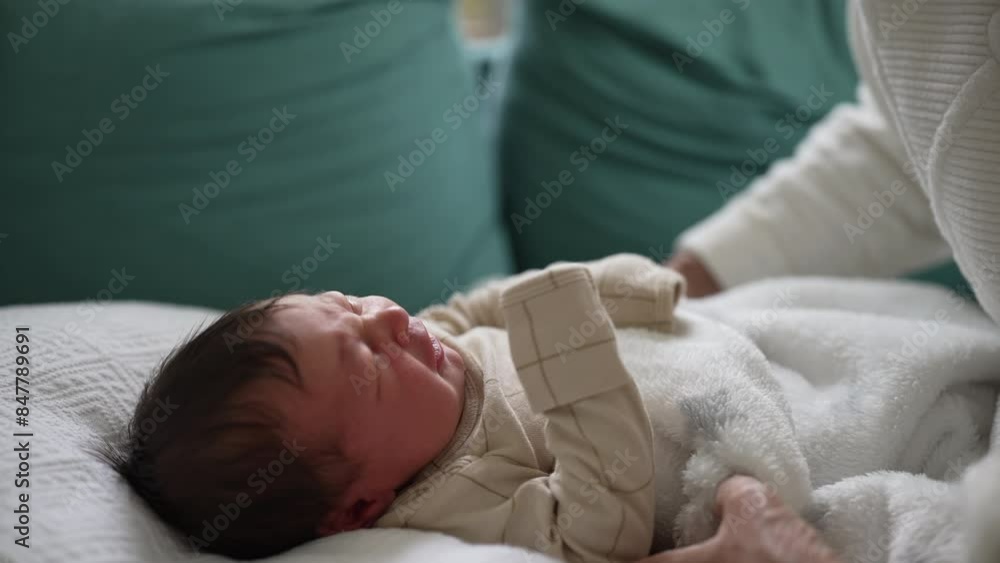 Close-up of a newborn baby crying, lying on a soft blanket on a sofa, with a caring grandmother nearby, capturing the moments of early infancy and family interaction Close-up of a newborn baby crying, lying on a soft blanket on a sofa, with a caring grandmother nearby, capturing the moments of early infancy and family interaction