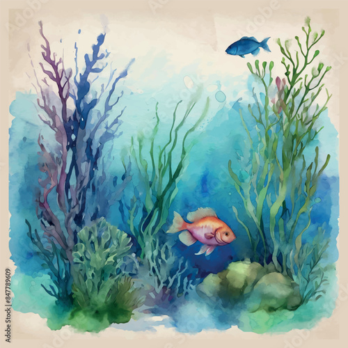 Watercolor underwater floral bouquet with corals and fish. Vector illustration.