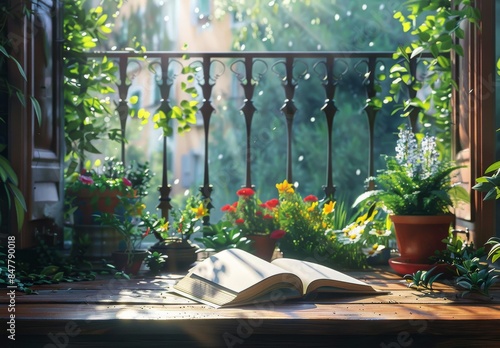 Open Book on a Sunny Balcony With Greenery and City View