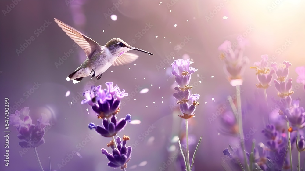 Fototapeta premium a beautiful hummingbird in flight near a purple flower