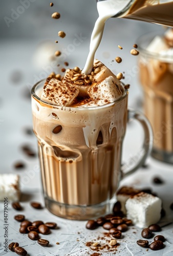 Iced Coffee With Marshmallows and Whipped Cream Being Poured in a Glass