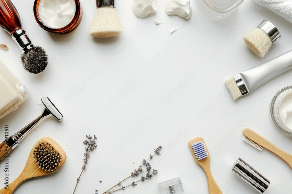 Flat lay composition with mens shaving accessories and space for text on white background Flat lay composition with mens shaving accessories and space for text on white background