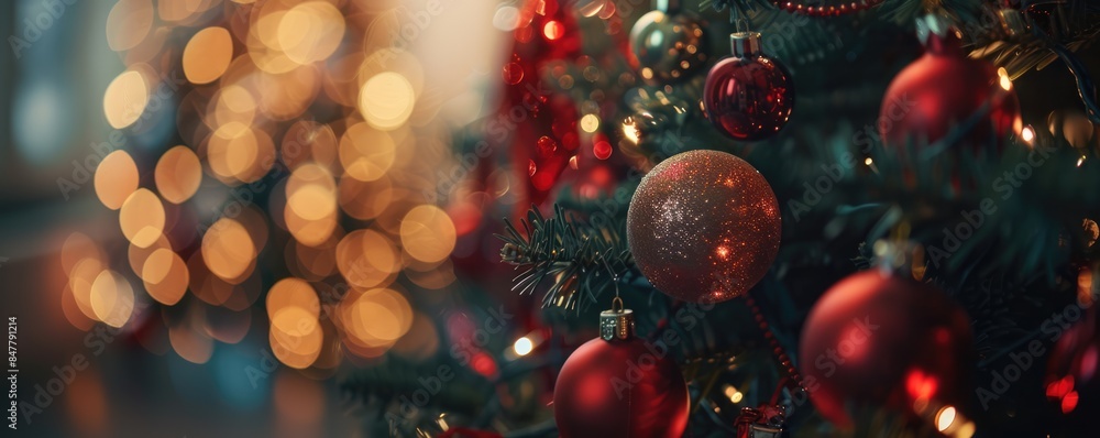 christmas tree with baubles and bokeh background christmas tree with baubles and bokeh background