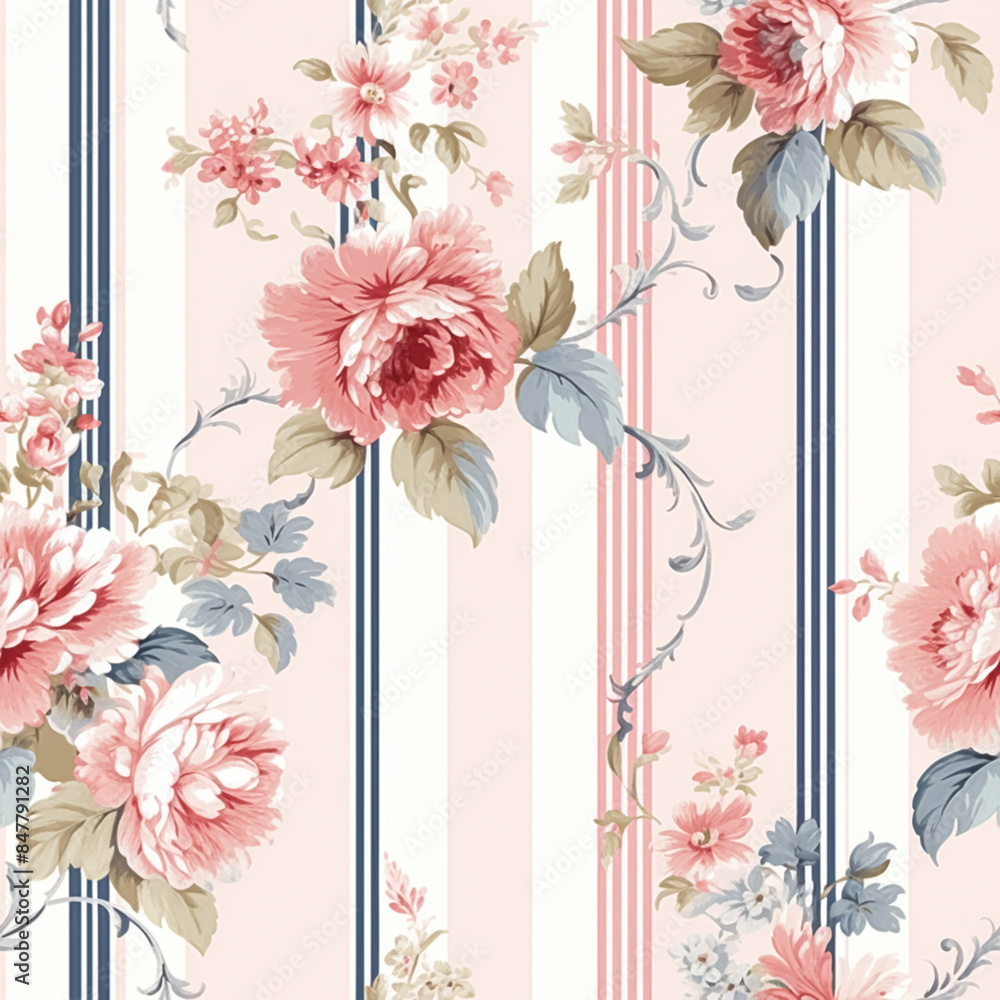 Obraz premium Seamless pattern, tileable striped pink floral country style print for wallpaper, wrapping paper with English countryside rose flowers for scrapbook, fabric and product design idea