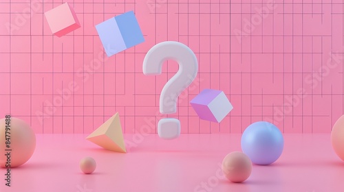 Fototapeta Naklejka Na Ścianę i Meble -  Question mark and pastel shapes on pink grid backdrop 3d rendering image. Abstract geometric forms wallpaper art colorful realistic. Abstraction concept idea, conceptual photo