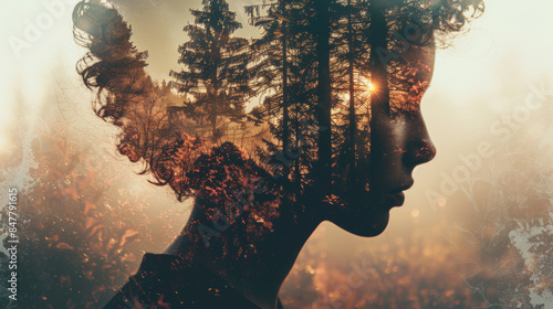 A mesmerizing double exposure overlay combining a portrait with a forest scene