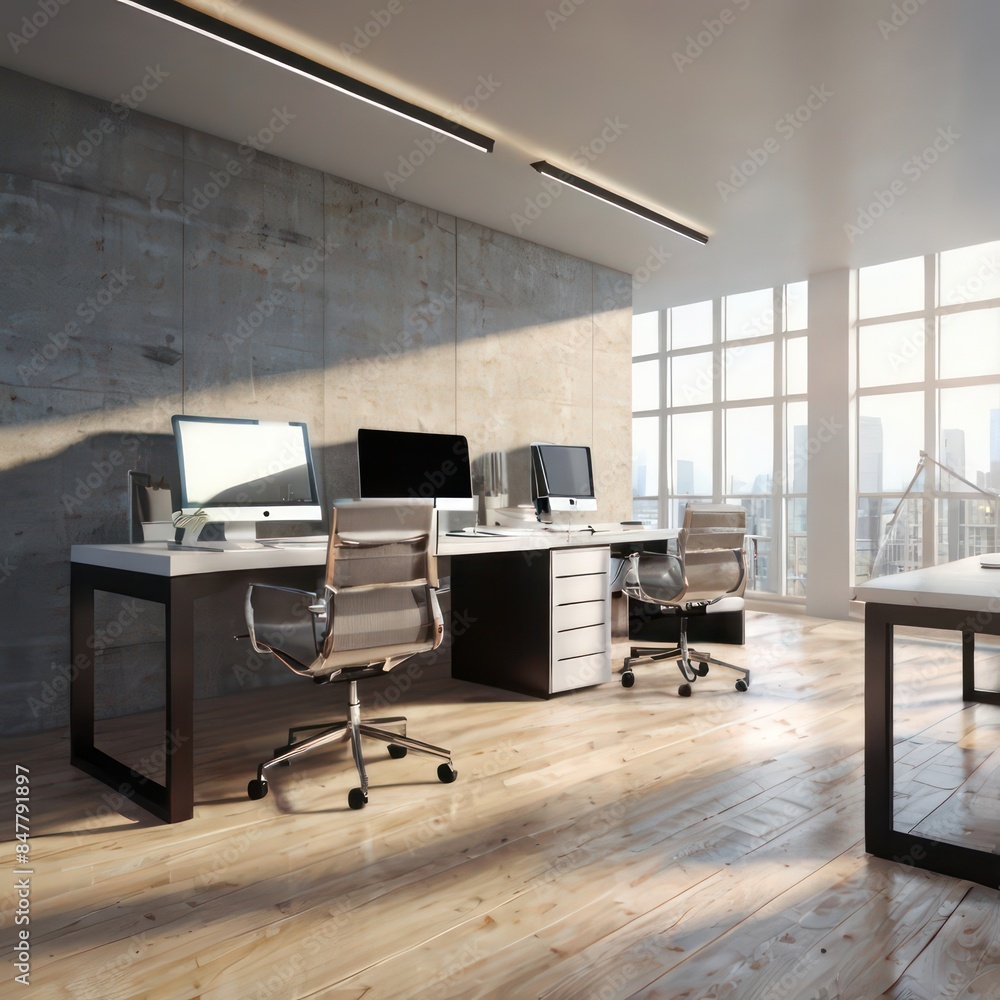 Modern minimalist office interior with desks chairs with corporate spaces Modern minimalist office interior with desks chairs with corporate spaces